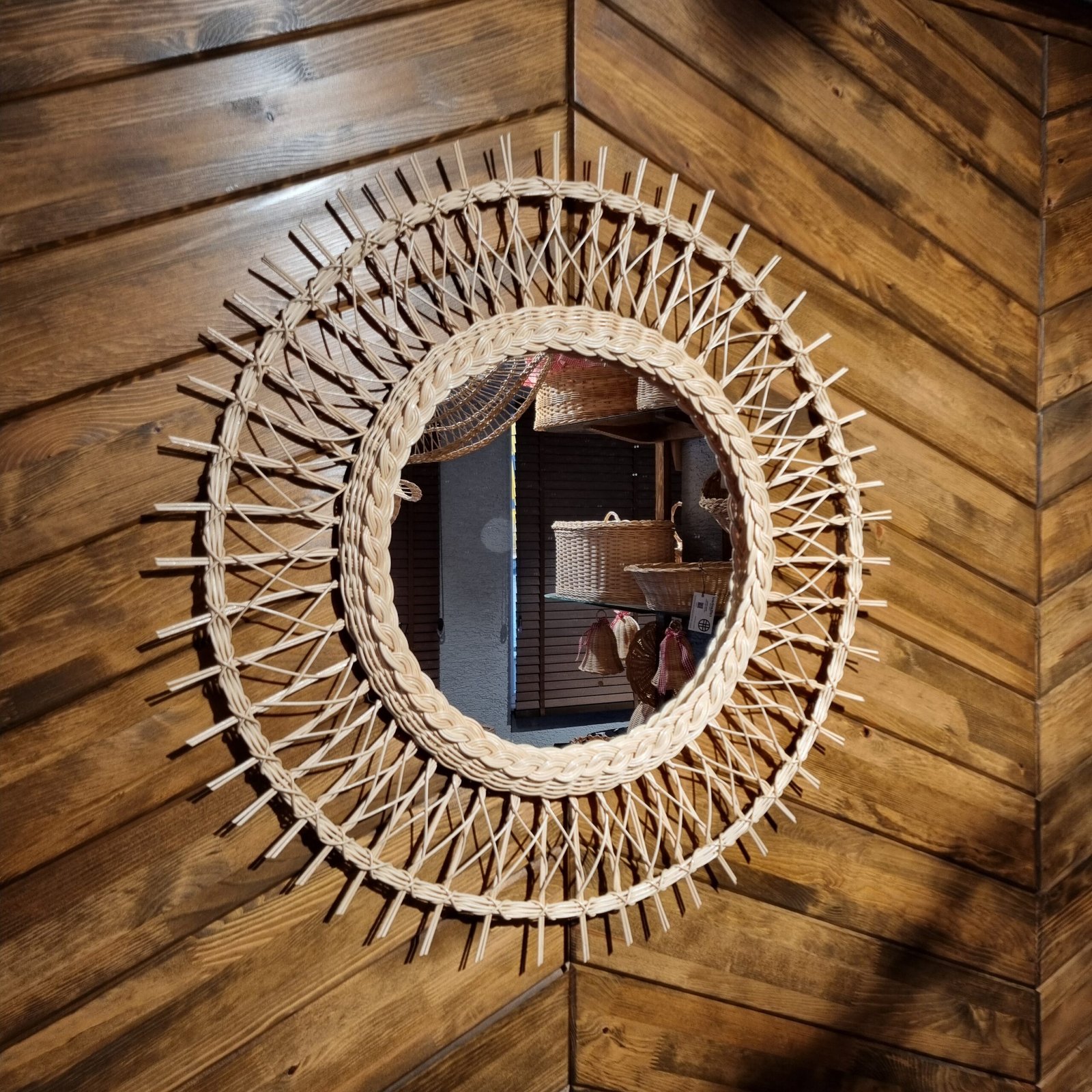 Güneşi Kafes Örgülü Bambu Duvar Aynası - Görsel 3